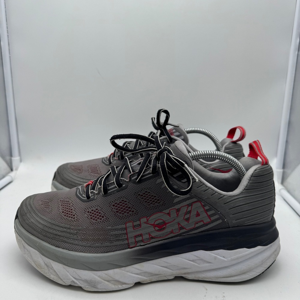 Hoka One One M Bondi 6 Men's Running Shoes Grey Red Lace Up Athletic Sneakers - Picture 3 of 6